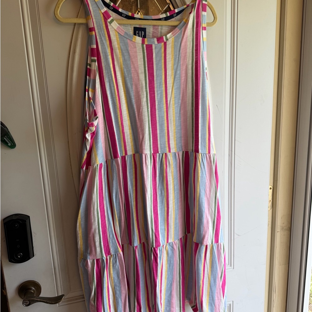 GAP Sleeveless Tiered Stripe Dress in Pink, Yellow, Blue & White